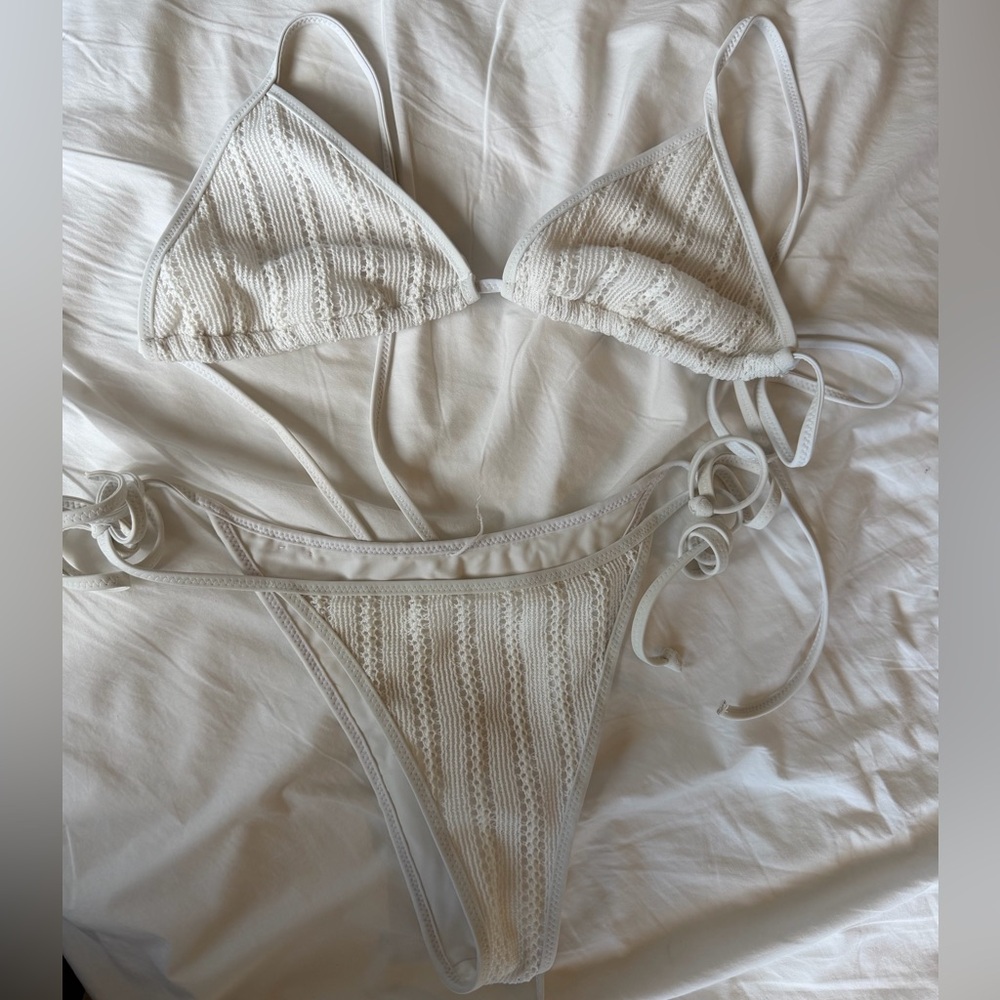 White Fox Boutique Cream Crochet Triangle Bikini Set